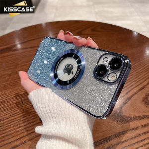 KISSCASE For iPhone15ProMax Gradual Glitter Flashing Powder Magnifying Glass Leakage Lable Apple15 Electroplated Flash Magsafe Hard PC Case Phone Back Cover For iPhone 15 14 13 12 11