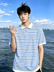 OUMULONG | Blue and White Stripes Knitted Ice Silk Breathable Polo T-shirt Short Sleeve