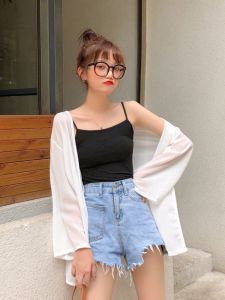 เสื้อเชิ้ตผ้าชีฟองแขนยาวสำหรับผู้หญิงในฤดูร้อนปี 2023 เสื้อคลุมกันแดดแบบบางใหม่สไตล์เกาหลี ปกโปโล คอวี เสื้อคลุมกันหนาว