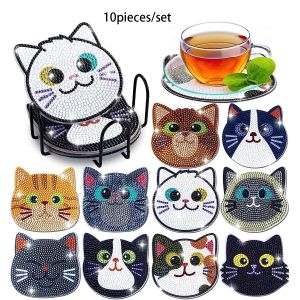 10pcs Diamond Painting Coasters Set DIY Cartoon Cat Pattern Round Coasters 10x10cm/3.93x3.93in