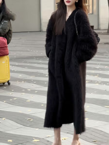 Korean Style Lazy Fashion Black Mink Sweater Coat Womens Autumn Long Over-Knee Knitted Open Cardigan Top Loose Fit Elegant