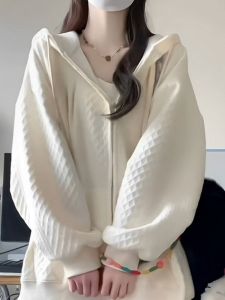 Slim Fit Hoodie Sweatshirt Womens Spring Autumn Pure Color Oversize Lazy Zipper Open Cardigan Jacket Comfortable Korean Style