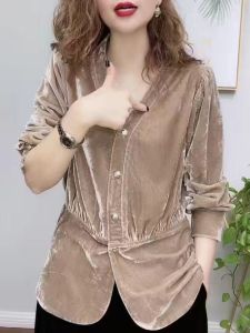 Gold Velvet Long Sleeve Shirt Womens Spring Autumn Style Ethnic Collar Slimming Belly Cover Design Casual Loose Fit Moms Clothes