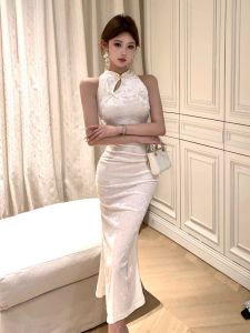 New Chinese Style Slimming Fish Tail Dress Vintage Print Base Layer Waist Cinching Long Midi Dress for Young Women