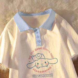 เสื้อยืดคอโปโลผู้หญิงแขนสั้นทรงหลวมสไตล์ญี่ปุ่น 100% ผ้าฝ้าย ทรงหลวม แขนสั้น แฟชั่นฤดูร้อน เสื้อยืดคอกลม