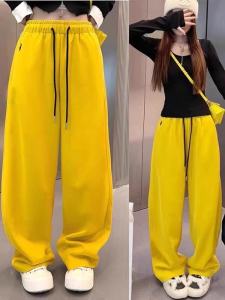 Womens Fashionable Casual Thickened Fleece Lined Straight Leg Wide Leg Pants Autumn Winter Warm Yellow Knife Edge Trousers