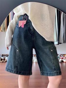 American Retro Wide Leg Denim Jeans Womens Spring Summer New Large Size Fat MM High Waist Loose Slim Straight Five-Quarter Pants