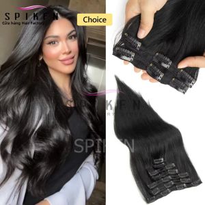 SPIKFN Jet Black 100% Tóc Người Nối Dài Bằng Kẹp 12-24 Inch Remy Full Head 7 Cái/bộ Kết Cấu Thẳng