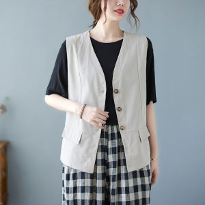 เสื้อกั๊กผ้าฝ้ายลินินสไตล์ย้อนยุคสำหรับผู้หญิงไซส์ใหญ่ ทรงหลวม แขนยาว คอวี กระดุมเดียว ฤดูใบไม้ผลิและฤดูร้อน