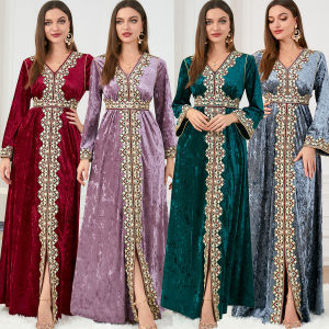 Luxury Velvet Floral Embroidery Guipure Lace Panel Belted Dress Moroccan Caftan Woman Abaya Turkey Muslim Abaya Dress Dubai