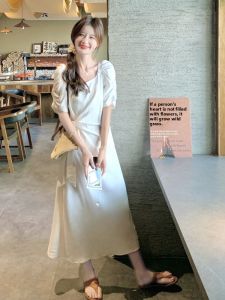 YINLUOYA | Summer Beautiful French Waist Cinched Bubble Sleeve Dress Womens Mid-Length A-Line Dress High Waist Bubble Sleeve Dress