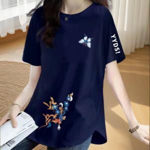 Loose Fit Short Sleeve round Neck T-Shirt Womens Summer New Style Large Size Printed Flower Asymmetrical Split Top