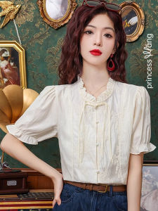 WANGGONGZHU | Elegant Chic Chinese Style Womens Chiffon Shirt Summer 2025 New Fashion Princess Style Button Design Lotus Leaf Sleeve Top