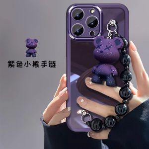 Cute Creative Transparent iPhone 16Promax Case Womens Style Full Cover with Lens Film Bear Bracelet Anti-Fall Protection Silicone Shell