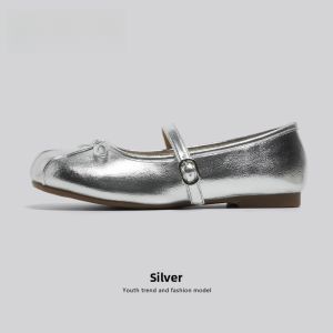 Silver Mary Jane Flat Bottom Sandals Womens Summer New Style Magic Tape Casual Shoes French Style Slip-On Single Shoes