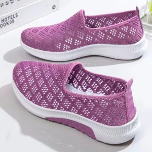 Womens Spring Summer Breathable Casual Shoes Slip-On Soft Bottom Anti-Slip Mesh Shoes Flat Bottom One-Step Mom Shoes