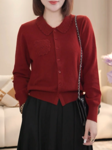 QINGNAER | Slimming Knit Cardigan for Women Red Simple and Youthful Autumn Winter