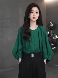 French Lantern Sleeve Green round Neck Shirt Women Spring Autumn Design Luxurious Chiffon Short Sleeve New 2025 Top Women
