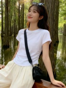 SUSHOUWANGE | Korean Style White Ruffled Short Sleeve T-Shirt Slim Fitting and Square Shoulder