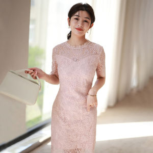 Summer Pink Lace Dress Temperament Short sleeve round Neck Slim fit Slimming High Sense Mid-Length French style Skirts