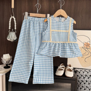 Menoea New Fashion Clothing Suits for Baby Girls Lace Plaid Sleeveless T-shirt and Wideleg Pants for Kids Clothes Sets 3 to 7 Years Girls Summer Outfits