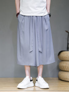 Mens Summer Loose Fit Ice Silk Quick Dry Lightweight Wide Leg Pants Seven-Foot-Length Casual Harajuku Style Shorts