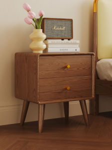 Nordic Style Walnut Bedside Table Solid Wood Bedroom Two-Drawer Cabinet with Storage for Small Spaces Home Use Furniture