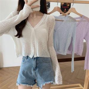 Summer Thin V-Neck Open Cardigan Long Sleeve Knitted Womens Loose Short Style Top Sun Protection Outerwear Fashionable Versatile