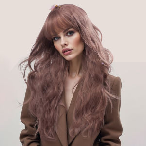 30 Inch Brown Red Gradient Butterfly Hair Long Wavy Curly Wig with Bangs Womens Synthetic Wig for Halloween Party