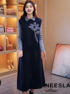 ชุดเดรสสเวตเตอร์ถักสองชิ้นสไตล์เกาหลีฤดูใบไม้ร่วง/ฤดูหนาว กระโปรงทรงเอเอวสูง แขนยาว ผ้าฝ้ายผสมโพลีเอสเตอร์