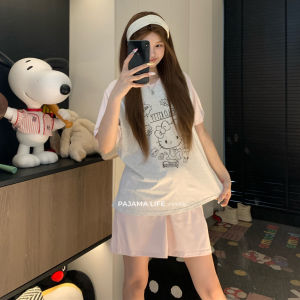 Hellokitty Summer Sleepwear Set Womens Casual Short Sleeve round Neck Outgoing Home Clothes with Chest Pad Short Pants