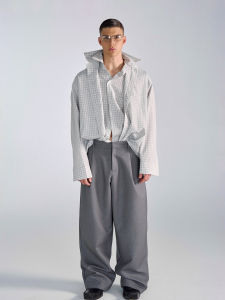 Babesochill Deconstructed Double Layered Loose Plaid Shirt Fashionable Autumn Long Sleeve Mens Button up Casual Wear