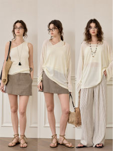 High Twist Acetate Cotton Vest Top Set Lazy Version Fashionable Three Piece Suit for Women round Neck Long Sleeve Overhead