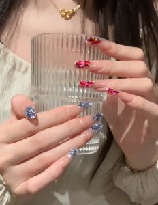 Fairy Handmade Blue K9 Diamond Nail Tips Flashing Pink And Blue Finished False Nails Wearable Manicure Artistry Nail Stickers