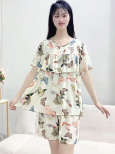 Womens Cotton Silk Sleepwear Short Sleeve Shorts Home Clothes Summer New Style Outwear Large Size No Chest Pad Anti-Bulge