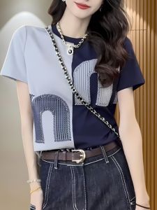Summer Short Sleeve T-Shirt Womens Fashion Color Block Design Casual Printed Regular Shoulder Top Cotton Blend Comfortable