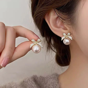 Bow Flashing Diamond Pearl Korean New Style High-End Feeling Temperament Exquisite Earrings