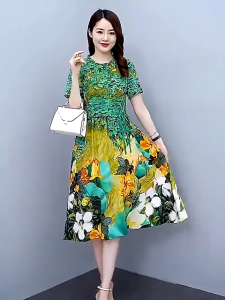 Green Dress Printing Dress Retro For Plus Size Dress Skin Friendly Round Neck Casual Dress Mature Midi Dress Leaf green Dress