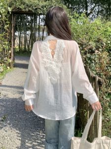 GUZILIAN | French Lace Long Sleeve Womens Shirt Spring Summer Thin Loose Design Backless Top Elegant Commute Style Pear Shape Fit