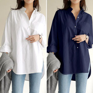 S-3XL White/Navy Ladies Loose Casual Long Sleeve Split Hem Plus Size Blouse For Women Tops