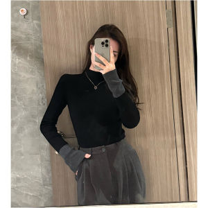สลิมฟิต กึ่งสูง ปกเสื้อ แขนยาวถัก เสื้อท่อนบน สีดำ บล็อกสีตัดกัน ดีไซน์ ฤดูใบไม้ร่วง ฤดูหนาว เสื้อชั้นฐาน ผู้หญิง แฟชั่น