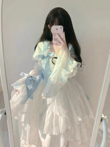 ชุดเดรสฤดูร้อน หวาน เดรสเจ้าหญิง โบว์ผีเสื้อ สวยงาม ชุดเดรสผู้หญิง กระโปรงทรงเอ แขนยาว เอวกลาง ผ้าโพลีเอสเตอร์