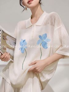 PlumJan | Áo Thun Nữ Tay Ngắn Voan Thêu Hoa