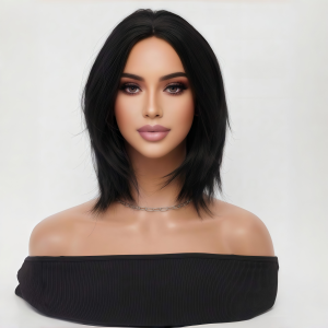 Natural Black Medium Split Short Bob Shoulder Length Wig 14 Inch Layered Thin Breathable Synthetic Fiber Heat-Resistant Wig