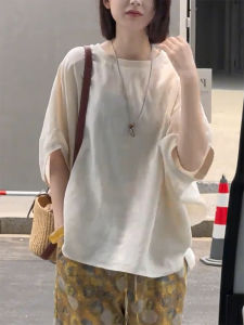QINGNAER | French Style Loose T-shirt With Back Buttons Batwing Sleeve Round Neck