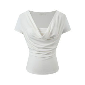 ANDYET AD1 Womens Short Sleeve Knitted T-Shirt Gathered Waist French Style Gentle Short Sleeve Stack Collar Top Summer Wear