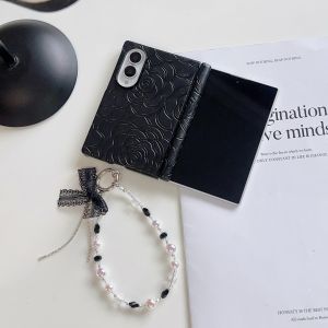szhaiyu | For Samsung Galaxy Z Fold 8 Ultra Fold 8 7 6 5 Case With Hinge Protecror Leather Solid Camellia Pattern With Pearl Chain Strap