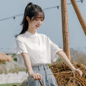 Summer Design Sense Short Sleeve Shirt Womens White Blouse  Style Lace Trim Top Sweet College Style Loose Fit Cotton