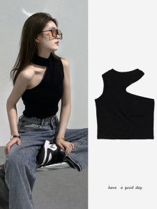 เสื้อยืดแขนกุดสีดำสไตล์อเมริกันสำหรับผู้หญิงในฤดูร้อน ทรงเข้ารูป ดีไซน์เก๋ไก๋ แขนสั้น คอตตอนผสมโพลีเอสเตอร์