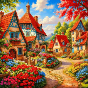 Huacan Diamond Painting Street Flower House Diamond Mosaic Landscape Complete Kit Decorative Paintings